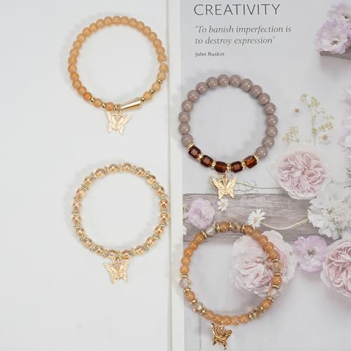 Bohemian Bracelet Sets for Women - 4-Pack Stackable Stretch Bead Bracelets with Black＆White Crystal & Gold Accessories, Multi-Layer Boho Jewelry - color: orange butterfly