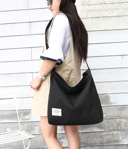 Covelin Women's Retro Large Size Canvas Shoulder Bag Hobo Crossbody Handbag Casual Tote - color: Black