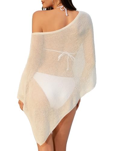Off The Shoulder Sheer Crochet Vacation Outfits Poncho Sweater Top Summer Beach Cover Up - color: Beige, size: 3X-Large