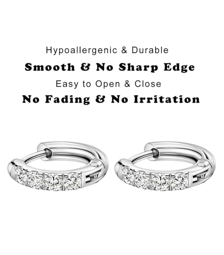 316L Surgical Stainless Steel Huggie Hoop Earrings with Cubic Zirconia, 10G 12G 14G 8-20mm Cartilage Lobe Earrings, 14G Piercing Jewelry - style: 10G 8mm Silver Clear CZ