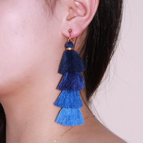 Clip on Earrings, Lightweight Colorful Layered Tassel Bohemian Statement Tiered Big Dangle Drop Earrings for Women, Non Pierced, Boho Jewelry - color: Sky blue