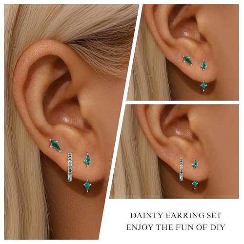 GEORGE · SMITH Stackable Kite Stud Earrings Set for Women, Gold & Silver Huggie Birthstone Jewelry with Emerald Green & Blue Sapphire, Trendy Earrings for Women 2025 - color: green and silver kite stud