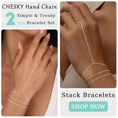 CHESKY Silver Hand Chain Bracelets for Women Set - Dainty Silver Plated Finger Ring Bracelet Stack Adjustable Hand Chains Durable Beaded Bracelets Trendy Simple Jewelry Gift for Women - style: layer thin bracelet-silver
