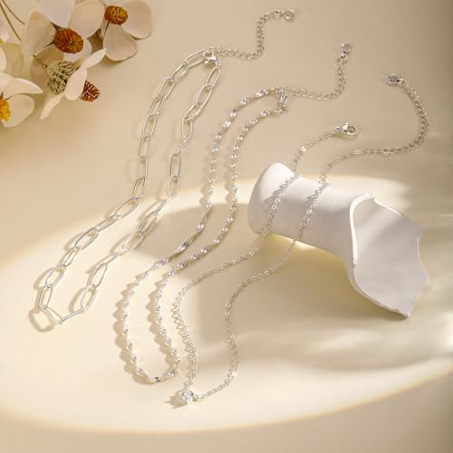Layered Gold Necklace for Women Trendy 14K Gold Plated Heart CZ Pendant Layered Gold Necklaces Set Coin Choker Necklaces Simple Circle Cubic Zirconia Pearl Necklace Stack Herringbone Paperclip Chain Jewelry Set - style: 3PCS-Paperclip chain zircon-SL