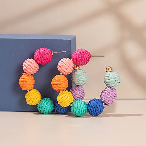 Raffia Hoop Earrings Statement Boho Beaded Earrings Cute Rattan Handmade Colorful Jewelry for Women Unique Summer Outfits - color: Rainbow