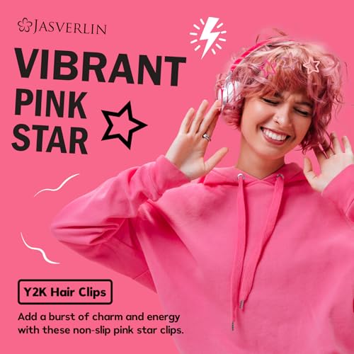 JASVERLIN 36 Pcs Star Snap Hair Clips, Y2k Colorful Cute Barrettes for Women Girls, Thick Fine Non-Slip Hairclips Accessories Glitter Kawaii Rave Assorted Size Style (Pink) - color: Pink