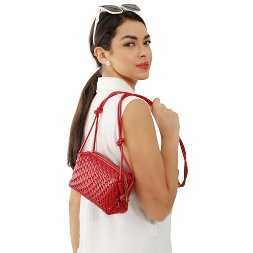 Woven Crossbody Bags for Women Handwoven Purses Vegan Leather Small Handbag Handmade Shoulderbag | Lightweight - color: Red