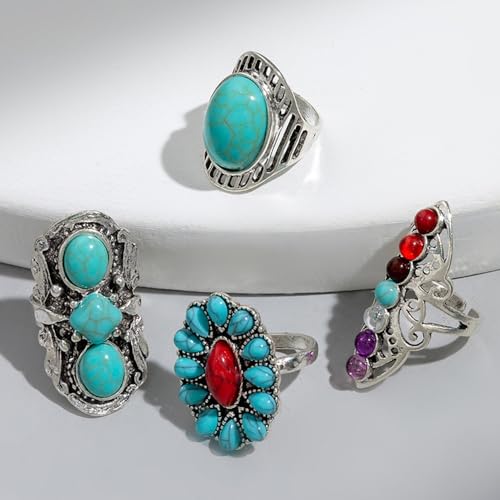 Bohemian Turquoise Ring for Women Chunky Gold Flower Statement Rings Vintage Round Turquoises Stackable Knuckle Ring Set for Women Western Jewelry - style: Silver Turquoise ring-4Pcs