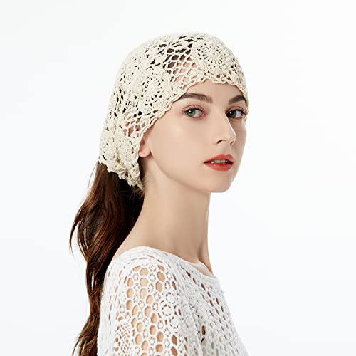 ZLYC Women Cotton Crochet Slouchy Beanie Hat Handmade Knit Summer Skull Cap - color: Beige Ponytail