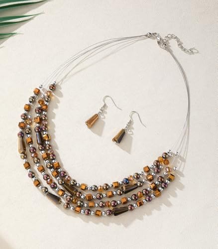 Errally Layered Beaded Statement Necklace Multi Strand Crystal Beads Collar Necklace and Earring Sets for Women Fashion Costume Jewelry Set Gifts for Her - color: Bronze