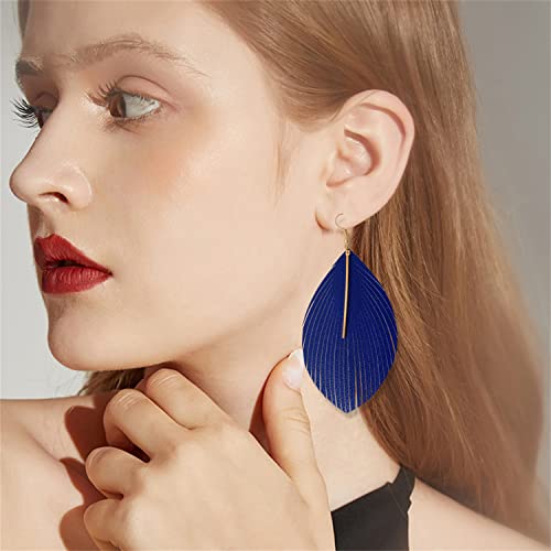 Minimalist Handmade Lightweight Large Soft Faux Leather Fringe Feather Dangle Drop Earrings Bohemian Huge Leaf Hook Earrings with Bar for Women - color: Blue