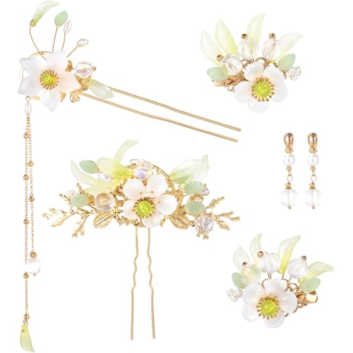 HINZIC 6PCS Lily Flower Tassels Hairpin, Crystal Rhinestone Pearl Hair Clips Headpiece Retro Chinese Hanfu Wedding Brides Valentines Hair Accessories Jewelry for Women Girls Updo Long Hair - color: Solid color