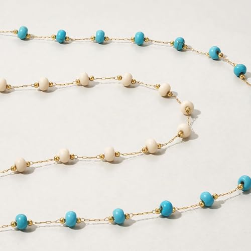 KissYan Long Necklaces for Women, 14K Gold Plated Beaded Gemstone Turquoise Boho Layered Choker, Natural Stone Handmade Sweater Fashion Jewelry Gifts - style: White Fossil Stone