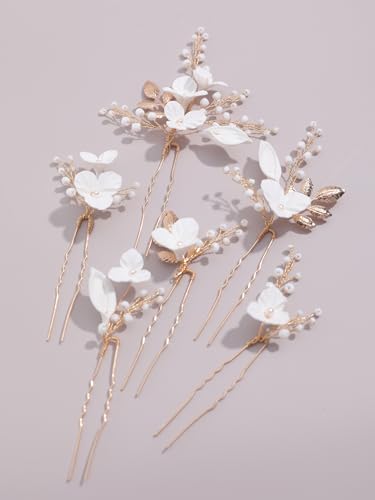 Beads Pearl Hair Pins, 6 Pcs Bridal Handmade White 3D Pinch Flower Fairy Bride Wedding Hair Pieces Leaf U Shaped Hair Accessories Headpiece Bridesmaids Women Girls Gold - color: Gold / Beads White Flower
