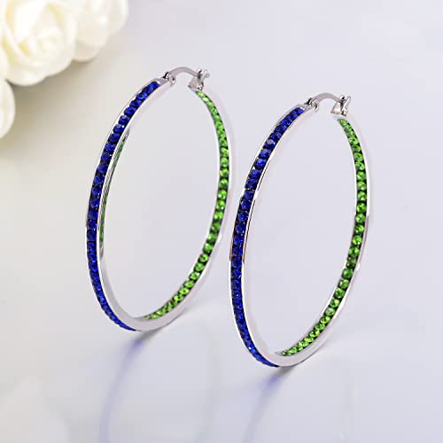 CiNily Mult-colors Crystal Stainless Steel Hoop Earring for Women Hypoallergenic Jewelry for Sensitive Ears Large Big Hoop Earrings 2" - color: Blue and Green