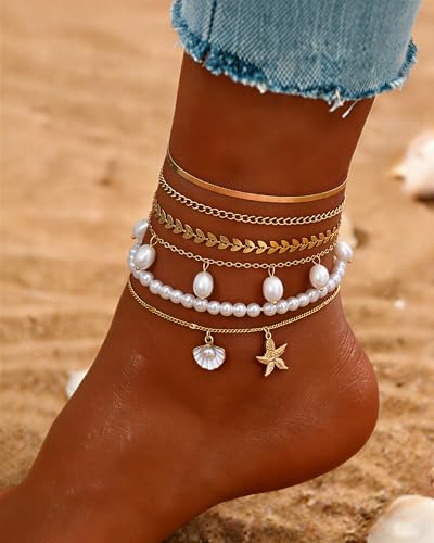 FAXHION Gold Anklets for Women Waterproof, Adjustable Boho Stacking Dangle Coin White Bead Cuban Link Chain Anklets Set, Summer Layered Beach Jewelry Gift for Women - color: Gold-pearl Shell