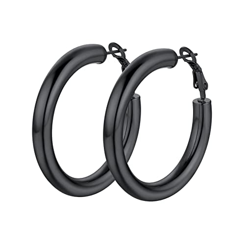 Stainless Steel Chunky Hoop Earrings For Women, Minimalist and Chic, Black/Gold Plated, Round Hoops Earrings Hypoallergenic, Size: 30mm/40mm/60mm/80mm, Come with Box - color: 1. Black, size: 40MM