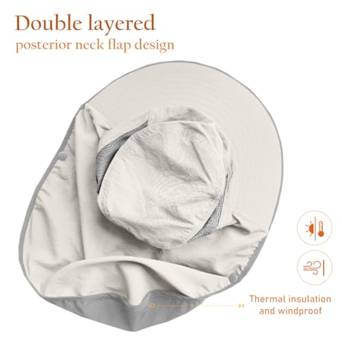 Womens Sun Hat Wide Brim UPF50+ Outdoor Sun Protection Ladies Fishing Hat with Neck Flap Detachable Face Cover - color: Beige
