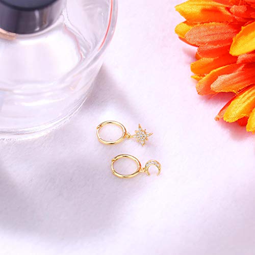 MILACOLATO 925 Sterling Silver Hoop Earrings for Women 18K Gold/Rhodium Plated Drop Dangle Hoop Earrings with Charms Cross Spike Moon Star Paperclip Link Statement Earrings Convertible Link Huggie Earrings Hypoallergenic - color: Gold Tone : Moon Star Ear