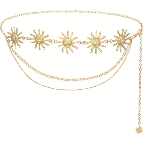 Christmas Waist Chain Belt Multilayer Gold Silver Sun Moon Chain Belt for Women Dress Body Belly Chain Metal Waist Chain（gold）
