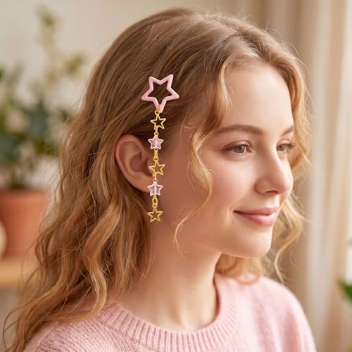 Pndeyo 2pcs Star Tassels Hair Clips for Women, Non-Slip 2000s Y2K Hair Snap Barrettes, Cute Star Beaded Pendant Hair Pin Accessories for Braid Long Short Thin Thick Hair- Pink - color: Pink-B Style