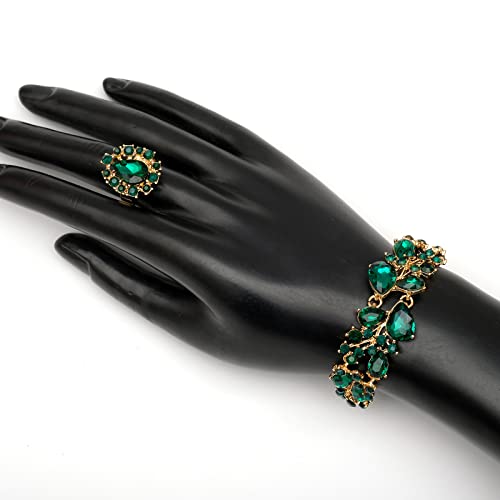 CSY 4 Pcs/Set Austrian Crystal Necklace Earrings Bracelet Ring Bridal Jewelry Sets for Brides Wedding Party Costume Accessories Gifts for Women - color: 02-gold plated-green