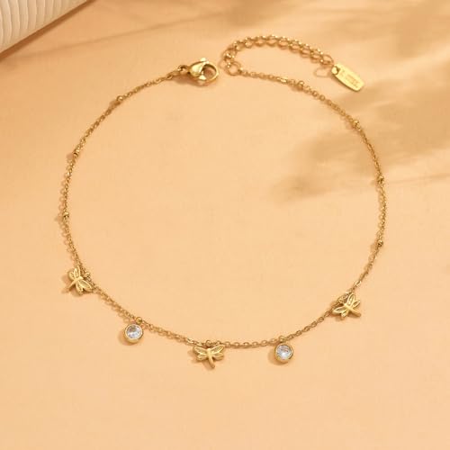 Gold Ankle Bracelets for Women 18K Gold Plated Waterproof Starfish Sea Shell Pearls CZ Diamond Dangle Anklets Trendy Summer Beach Foot Chain Jewelry Gift - style: Dragonfly CZ Drop-Gold