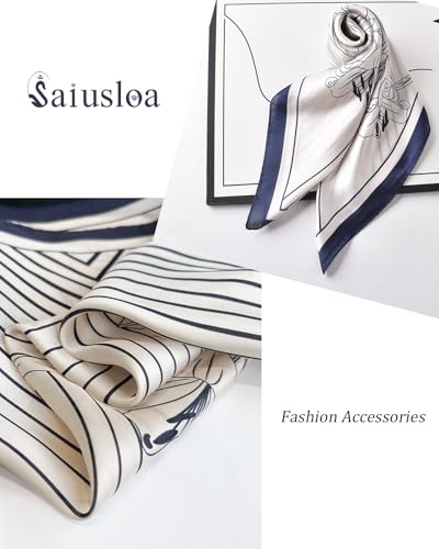 Saiusloa Neck Scarf For Womens Silky Head Scarves Hair Bandanas Square Scarf Fashion Accessories lightweight - color: 16-dark Blue Striped Iris