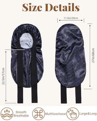 AWAYTR Long Satin Bonnet for Braids - Elastic Silk Hair Bonnets for Sleeping Night Cap Stretchy Tie Band for Women(Midnight) - color: Midnight
