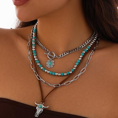 Layered Boho Necklaces for Women Gold Coin Pendant Necklaces Stackable Turquoise Choker Necklace for Women Western Jewelry - style: Style 9