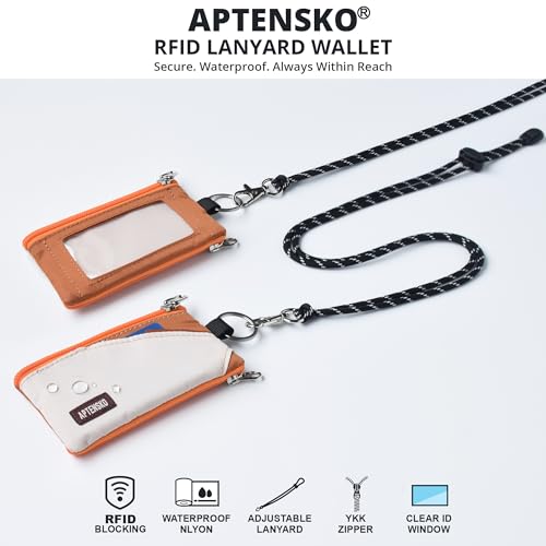 RFID Blocking Travel Wallet with Adjustable Lanyard, Small Nylon Zipper Pouch and Badge Holder for ID, Credit Cards, Cash, Keys, Commuters (Almond+Rust) - color: Almond+Rust