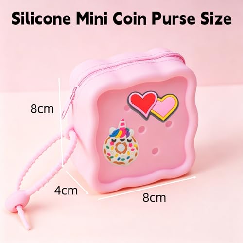 Soft Silicone Zipper Coin Purse Lovely Cartoon Hole Design Miniature Wallet Children's Storage Pouches Organizers For Kid with 25pcs DIY Charms (Pink) - color: Pink