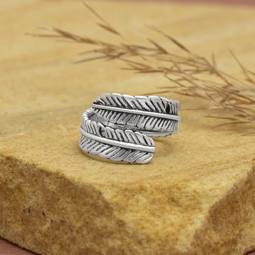 Silver Plated Feather Ring | 925 Silver Adjustable Open Ring | Vintage Leaf Design Inspirational Jewelry for Men & Women | Hypoallergenic Boho Statement Ring - color: Angel Feather Ring