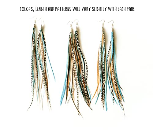 Feather Headz Bohemian handmade long lightweight feather dangle earrings for women - color: Natural & Turquoise