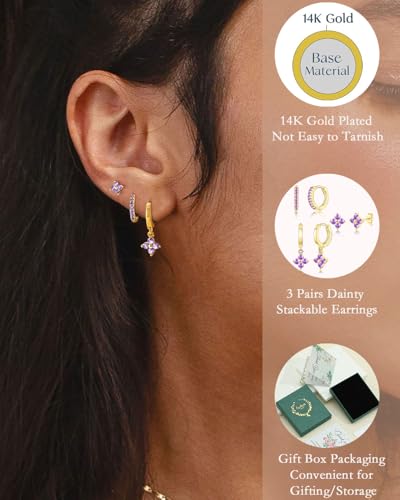 3 Pairs Gold Hoop Earrings Set for Women, Hypoallergenic 14K Gold Plated Huggie Earrings Stacks for Multiple Piercing Dainty Stud Earring Cartilage Birthstone Earring Women Jewelry Gift - color: 06. June(Alexandrite)
