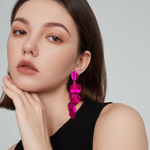 Long Acrylic Rose Petal Earrings Dangle Exaggerated Flower Earrings Drop Statement Floral Tassel Earrings for Women - color: Pearlescent Violet