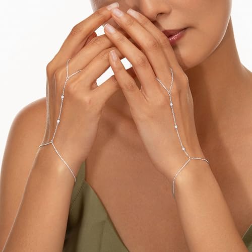 Gokeey Dainty Gold Ring Hand Chain Cubic Zirconia Bracelet Trendy 14K Gold Plated Hand Chains Bracelet for Women Simple Body Jewelry Set Trendy Birthday Gift - color: Silver