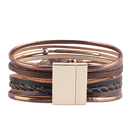 GelConnie Leather Cuff Bracelet Baroque Pearl Wrap Bracelet Gorgeous Gold Tube Bangle Boho Bracelet Bohemian Wristband Jewelry Gift for Women Wife - color: Leather Cuff Bracelet-Brown
