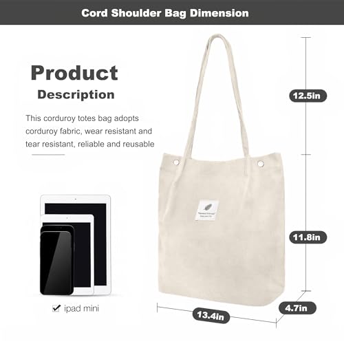 Corduroy Tote Bag for Women Small Canvas Shoulder Purse Cord Handy Bag with Inner Pocket | with Front Pocket - color: 02 Beige