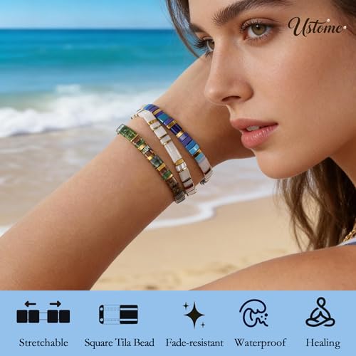 Tila Flat Square Stack Beaded Bracelets Set for Women Men, Boho 3Pcs Romantic Handmade Healing Gold Colorful Stretch Accessories Jewelry, Daily Vacation Party Holiday Friendship Gift - color: Blue white Green
