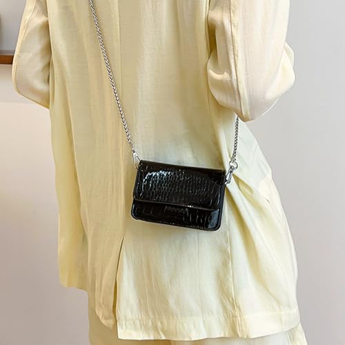 Small Crossbody Purse Bag for Women，Y2K Cute Metallic Croc-Embossed Handbag with Chain Strap - color: Mini Black