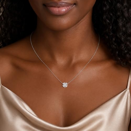 Dainty Gold Necklaces for Women Trendy Non Tarnish 14K Gold Plated Cubic Zirconia Necklace Layered Simple Cute Four Leaf Clover Choker Jewelry Birthday Gifts - color: Silver, style: Glossy-2