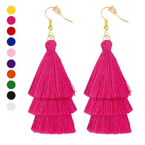 Earrings for Women Dangling, Layered Tassel Earrings Fringe Earrings Bohemian Studs Drop Earrings - color: Hot Pink