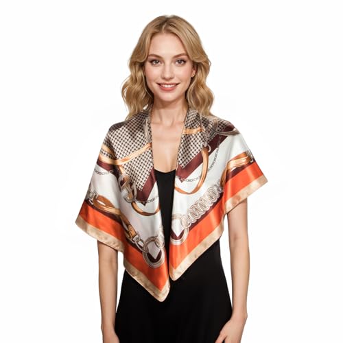 RIIQIICHY Head Scarf for Women Like Silk Scarf Hair Scarf Printed Square Scarf Bandanas for Women 35 Inches - color: Camel/Orange/Brown