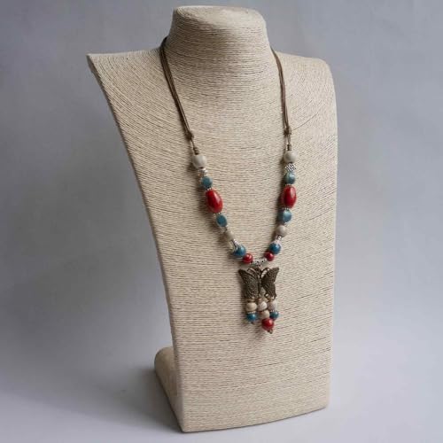 Boho Colorful Ceramic Bead Necklace for Women, Butterfly Pendant Necklace, Handmade Bohemian Statement Jewelry Gifts for Mom - color: Red and Blue