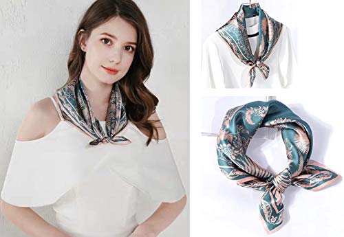 ANDANTINO 100% Mulberry Silk Scarf -21” Square Neckerchief with Gift Packed - color: 1-blue&pink Leaves