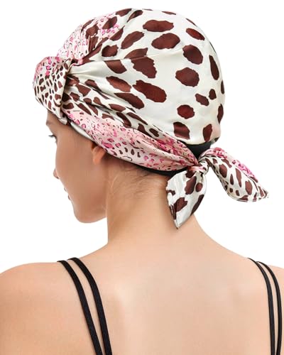 Wrap Cap Hair Net and Scarf for Silk Press, 2 in 1 Satin Satin Scarf with Headband Hair Net - color: Pink Leopard