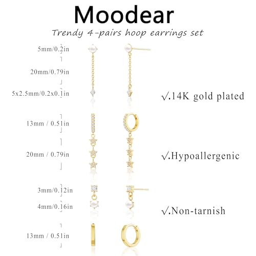 Pearl Earrings for Women, Gold Plated Huggie Hoop Drop Earrings | Hypoallergenic pearl hoop earrings designed for multiple piercings, cartilage styling and everyday wear - style: 4 pearl drop chain earring set-gd