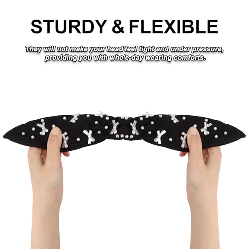 Black Headband Bow Pearl Knotted Headbands for Women Girls Cute Fashion Wide Headbands for Women Non Slip Hairbands Head Bands for Women's Hair Bow Hair Accessories - color: Black-02