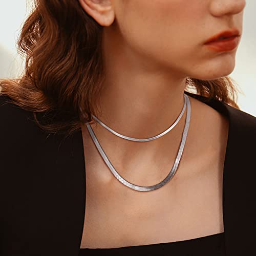 FOCALOOK 14K Gold Plated Necklaces for Women, Fashion Herringbone Choker Necklace Stainless Steel Flat Snake Chain 3/5MM(W) 12.5"/15"/18"+3.5"(L) - color: 5MM-15"&3MM-12.5" Layered-Silver
